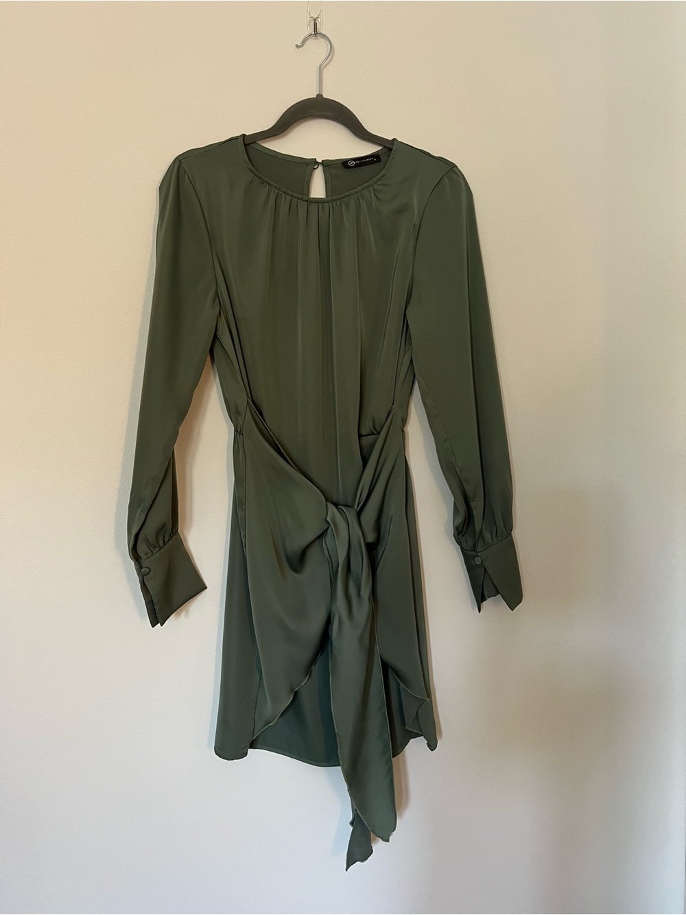 Long Sleeve Olive Green Tie-Front Dress by Unknown Brand